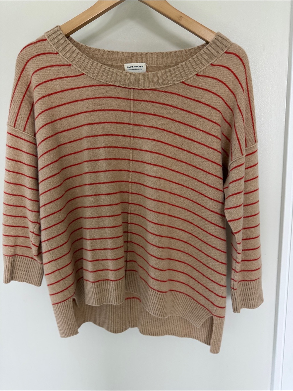 Club Monaco Beige Knit Sweater with Red Stripes